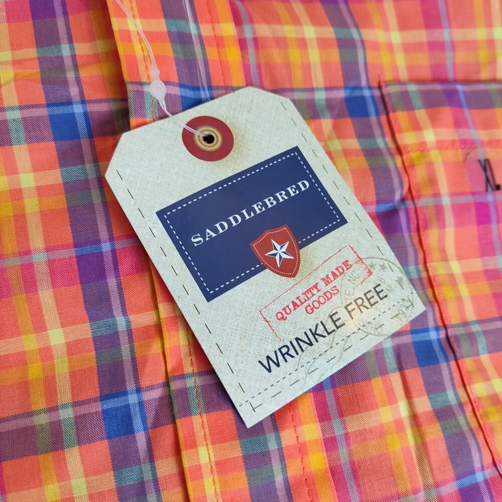 Saddlebred Blue Orange Windowpane Plaid Short Sleeve Shirt Mens XL With Pocket